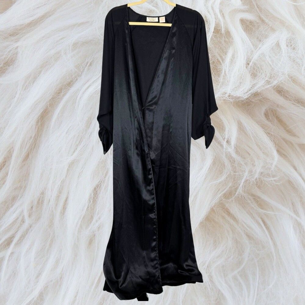 Victoria Secret Gold Label Size P/S Black Satin Sheer Sleeve Silky Full Lenght